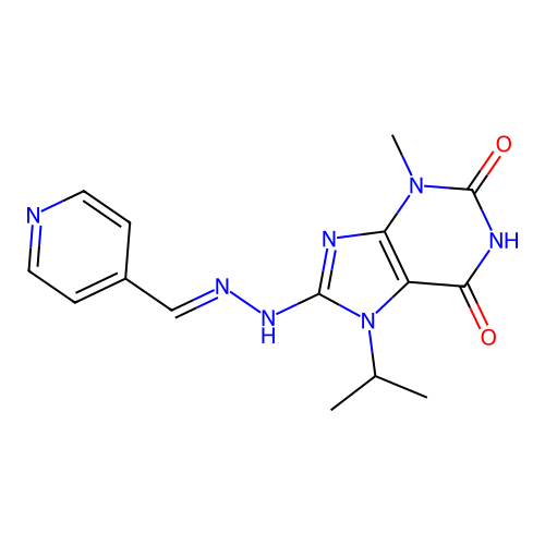 (E)-7-isopropyl-3-methyl-8-(2-(pyridin-4-ylmethylene)hydrazinyl)-1H-purine-2,6(3H,7H)-dione structure