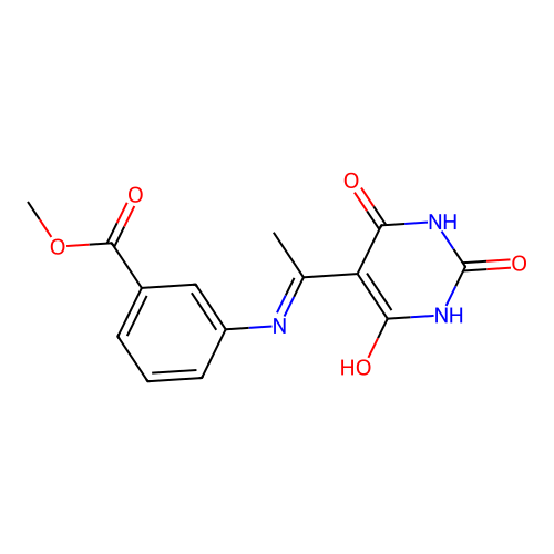 methyl 3-[1-(2,4,6-trioxo-1,3-diazinan-5-ylidene)ethylamino]benzoate structure