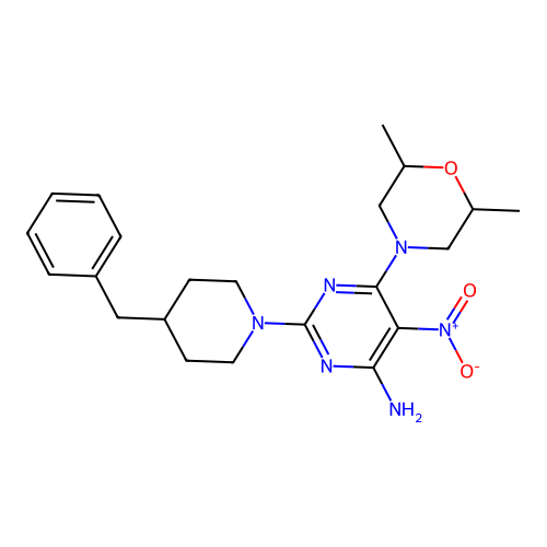 2-(4-benzylpiperidin-1-yl)-6-(2,6-dimethylmorpholin-4-yl)-5-nitropyrimidin-4-amine structure