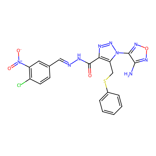 (E)-1-(4-amino-1,2,5-oxadiazol-3-yl)-N'-(4-chloro-3-nitrobenzylidene)-5-((phenylthio)methyl)-1H-1,2,3-triazole-4-carbohydrazide structure