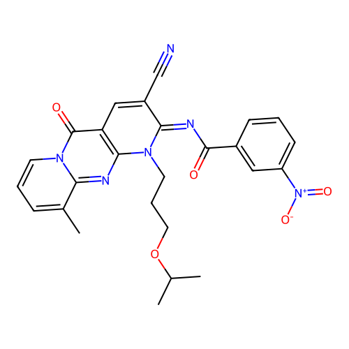 (E)-N-(3-cyano-1-(3-isopropoxypropyl)-10-methyl-5-oxo-1H-dipyrido[1,2-a:2',3'-d]pyrimidin-2(5H)-ylidene)-3-nitrobenzamide structure