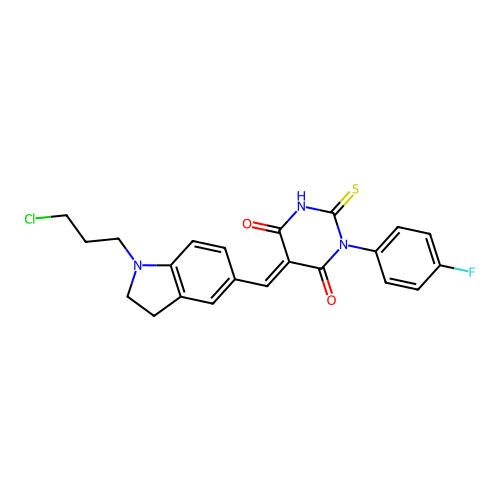 (5E)-5-[[1-(3-chloropropyl)-2,3-dihydroindol-5-yl]methylidene]-1-(4-fluorophenyl)-2-sulfanylidene-1,3-diazinane-4,6-dione structure
