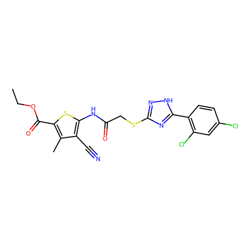 ethyl 4-cyano-5-[[2-[[5-(2,4-dichlorophenyl)-1H-1,2,4-triazol-3-yl]sulfanyl]acetyl]amino]-3-methylthiophene-2-carboxylate structure