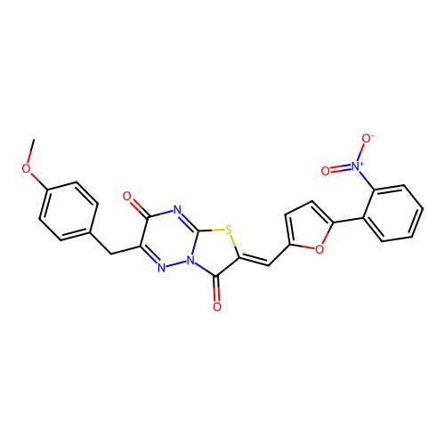 (2Z)-6-(4-methoxybenzyl)-2-{[5-(2-nitrophenyl)furan-2-yl]methylidene}-7H-[1,3]thiazolo[3,2-b][1,2,4]triazine-3,7(2H)-dione structure