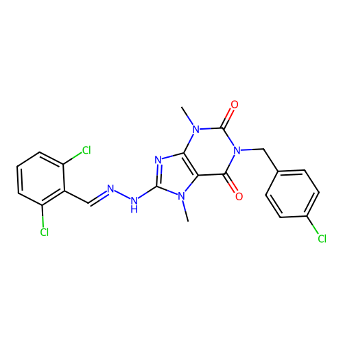 (E)-1-(4-chlorobenzyl)-8-(2-(2,6-dichlorobenzylidene)hydrazinyl)-3,7-dimethyl-1H-purine-2,6(3H,7H)-dione structure