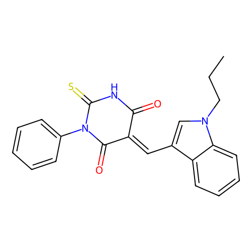 (5E)-1-phenyl-5-[(1-propylindol-3-yl)methylidene]-2-sulfanylidene-1,3-diazinane-4,6-dione structure