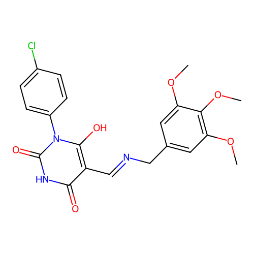 (E)-1-(4-chlorophenyl)-5-(((3,4,5-trimethoxybenzyl)amino)methylene)pyrimidine-2,4,6(1H,3H,5H)-trione structure