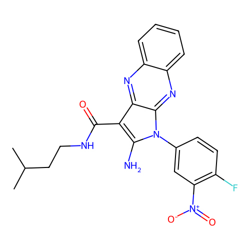 2-amino-1-(4-fluoro-3-nitrophenyl)-N-isopentyl-1H-pyrrolo[2,3-b]quinoxaline-3-carboxamide structure
