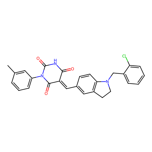 (5E)-5-[[1-[(2-chlorophenyl)methyl]-2,3-dihydroindol-5-yl]methylidene]-1-(3-methylphenyl)-1,3-diazinane-2,4,6-trione structure