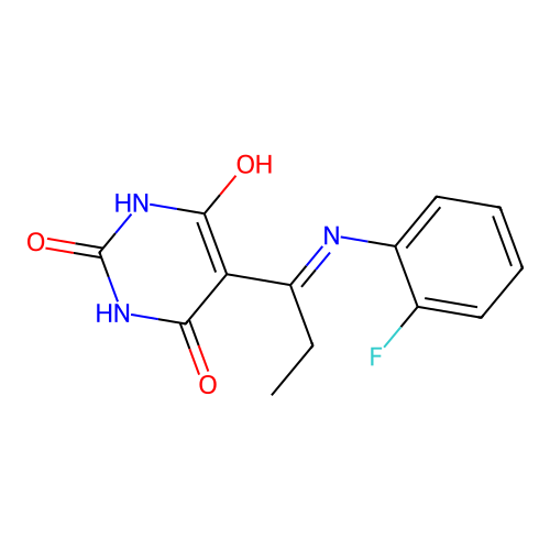 (5E)-5-{1-[(2-fluorophenyl)amino]propylidene}-2,6-dihydroxypyrimidin-4(5H)-one structure