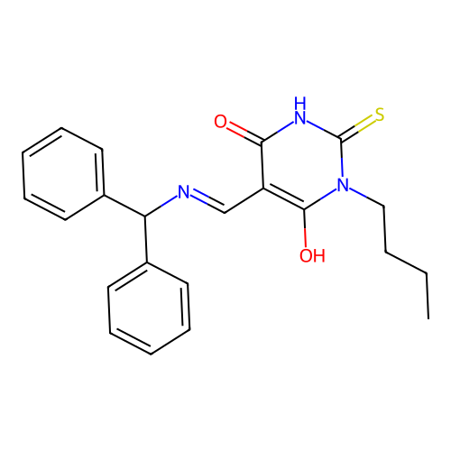 5-[(benzhydrylamino)methylidene]-1-butyl-2-sulfanylidene-1,3-diazinane-4,6-dione structure