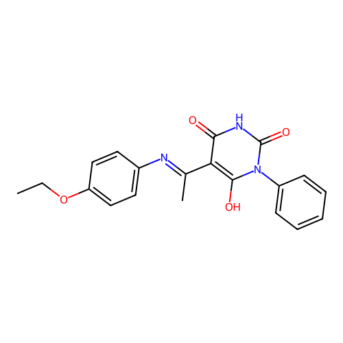 (Z)-5-(1-((4-ethoxyphenyl)amino)ethylidene)-1-phenylpyrimidine-2,4,6(1H,3H,5H)-trione structure
