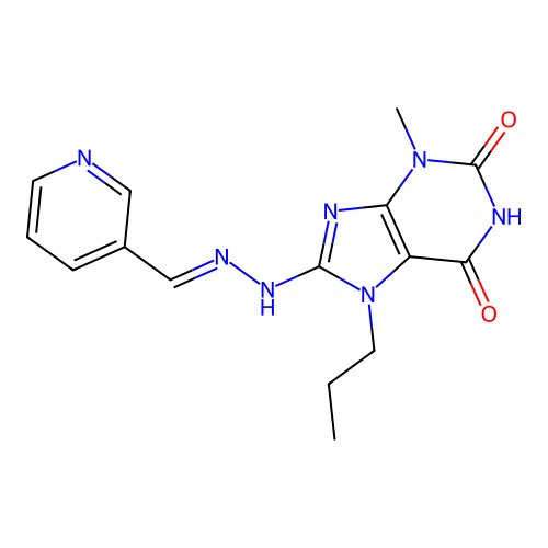 (E)-3-methyl-7-propyl-8-(2-(pyridin-3-ylmethylene)hydrazinyl)-1H-purine-2,6(3H,7H)-dione structure