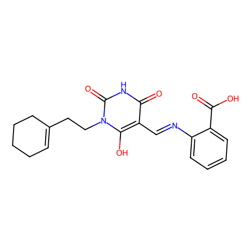(Z)-2-(((1-(2-(cyclohex-1-en-1-yl)ethyl)-2,4,6-trioxotetrahydropyrimidin-5(2H)-ylidene)methyl)amino)benzoic acid structure