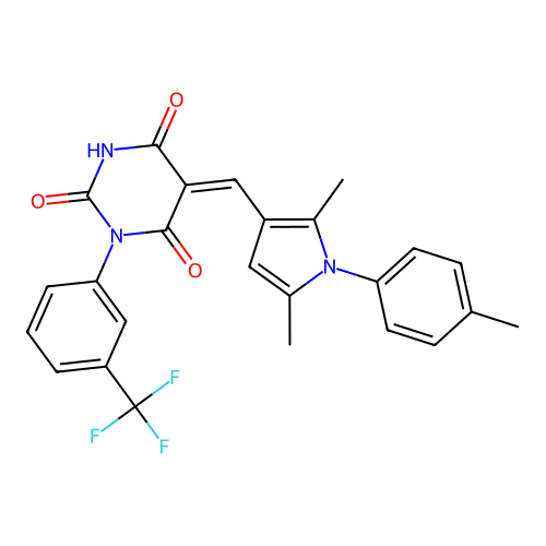 (Z)-5-((2,5-dimethyl-1-(p-tolyl)-1H-pyrrol-3-yl)methylene)-1-(3-(trifluoromethyl)phenyl)pyrimidine-2,4,6(1H,3H,5H)-trione structure