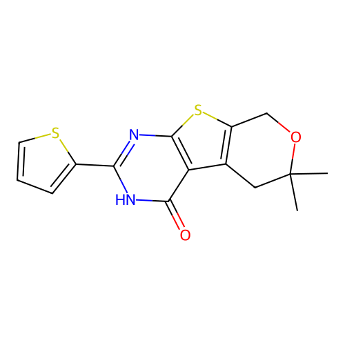 6,6-dimethyl-2-(thiophen-2-yl)-5,6-dihydro-3H-pyrano[4',3':4,5]thieno[2,3-d]pyrimidin-4(8H)-one structure
