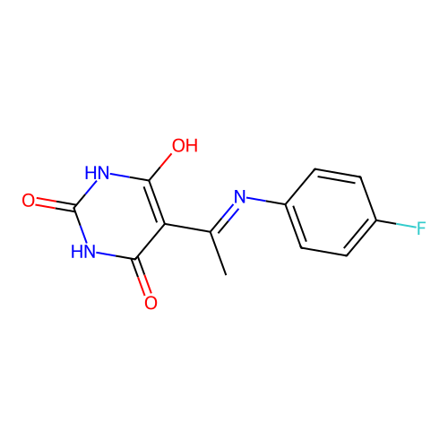 (5E)-5-{1-[(4-fluorophenyl)amino]ethylidene}-2,6-dihydroxypyrimidin-4(5H)-one structure