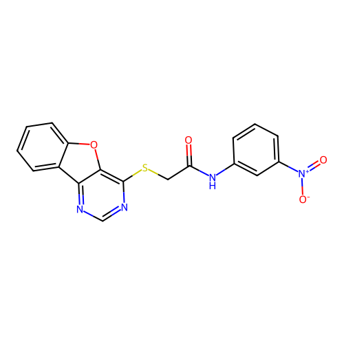 2-([1]benzofuro[3,2-d]pyrimidin-4-ylsulfanyl)-N-(3-nitrophenyl)acetamide structure