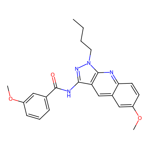 N-(1-butyl-6-methoxypyrazolo[3,4-b]quinolin-3-yl)-3-methoxybenzamide structure
