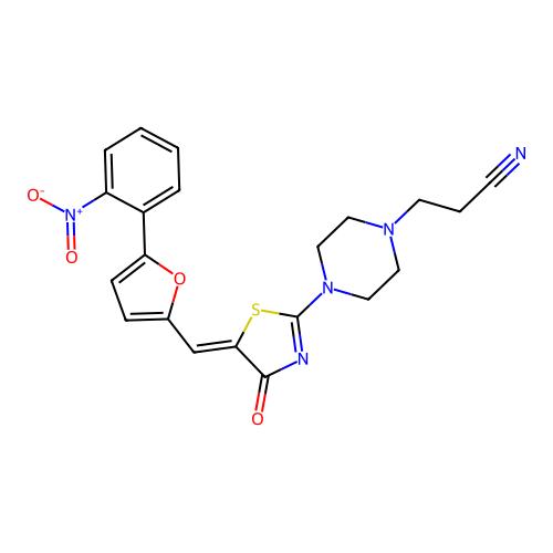 (Z)-3-(4-(5-((5-(2-nitrophenyl)furan-2-yl)methylene)-4-oxo-4,5-dihydrothiazol-2-yl)piperazin-1-yl)propanenitrile structure
