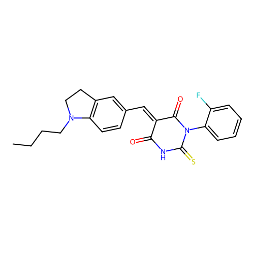 (5E)-5-[(1-butyl-2,3-dihydro-1H-indol-5-yl)methylidene]-1-(2-fluorophenyl)-2-sulfanylpyrimidine-4,6(1H,5H)-dione structure