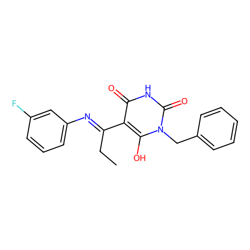 (E)-1-benzyl-5-(1-((3-fluorophenyl)amino)propylidene)pyrimidine-2,4,6(1H,3H,5H)-trione structure