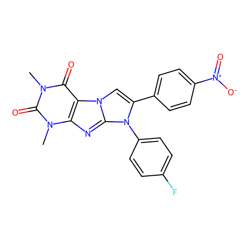 8-(4-fluorophenyl)-1,3-dimethyl-7-(4-nitrophenyl)-1H-imidazo[2,1-f]purine-2,4(3H,8H)-dione structure