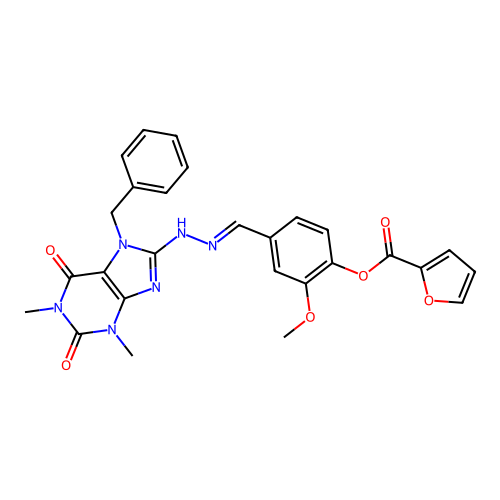 (E)-4-((2-(7-benzyl-1,3-dimethyl-2,6-dioxo-2,3,6,7-tetrahydro-1H-purin-8-yl)hydrazono)methyl)-2-methoxyphenyl furan-2-carboxylate structure
