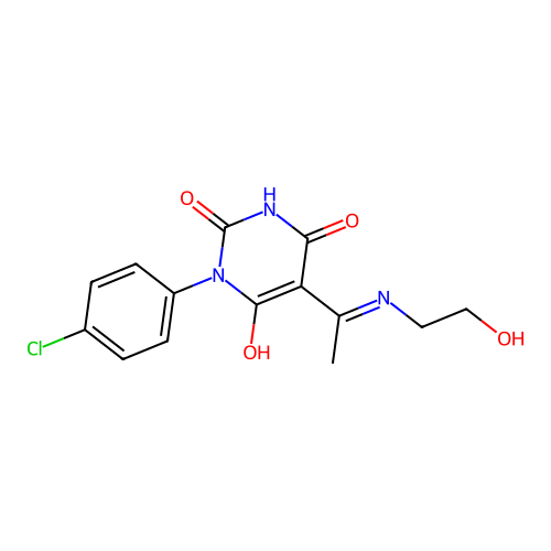 1-(4-chlorophenyl)-5-[1-(2-hydroxyethylamino)ethylidene]-1,3-diazinane-2,4,6-trione structure
