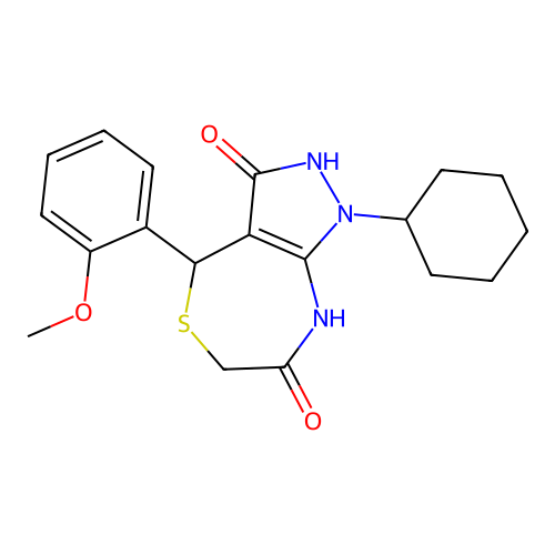 1-cyclohexyl-7-hydroxy-4-(2-methoxyphenyl)-1,2,4,6-tetrahydro-3H-pyrazolo[3,4-e][1,4]thiazepin-3-one structure