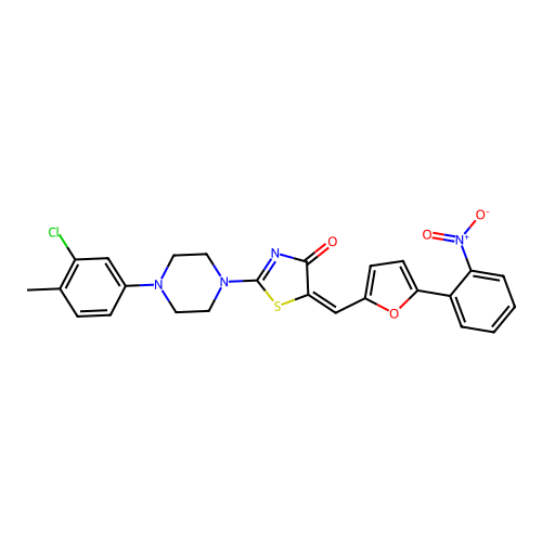 (5E)-2-[4-(3-chloro-4-methylphenyl)piperazin-1-yl]-5-[[5-(2-nitrophenyl)furan-2-yl]methylidene]-1,3-thiazol-4-one structure