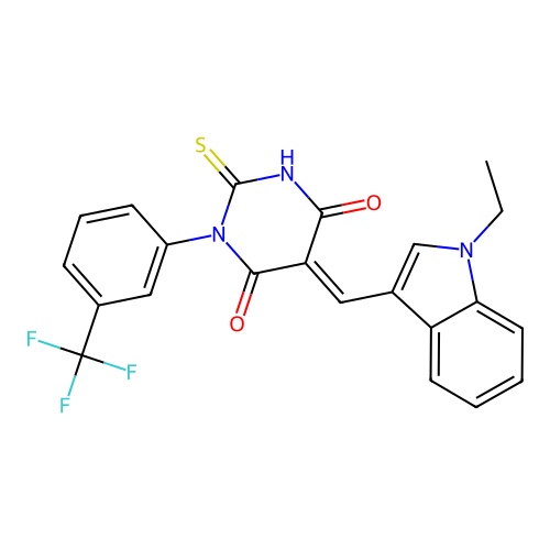 (5E)-5-[(1-ethyl-1H-indol-3-yl)methylidene]-2-sulfanyl-1-[3-(trifluoromethyl)phenyl]pyrimidine-4,6(1H,5H)-dione structure