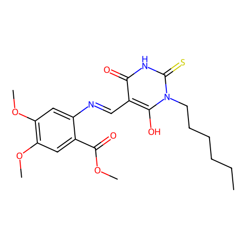 (E)-methyl 2-(((1-hexyl-4,6-dioxo-2-thioxotetrahydropyrimidin-5(2H)-ylidene)methyl)amino)-4,5-dimethoxybenzoate structure