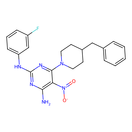 6-(4-benzyl-1-piperidyl)-N-(3-fluorophenyl)-5-nitro-pyrimidine-2,4-diamine structure