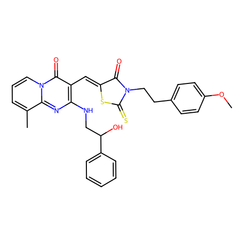2-[(2-hydroxy-2-phenylethyl)amino]-3-[(Z)-{3-[2-(4-methoxyphenyl)ethyl]-4-oxo-2-thioxo-1,3-thiazolidin-5-ylidene}methyl]-9-methyl-4H-pyrido[1,2-a]pyrimidin-4-one structure
