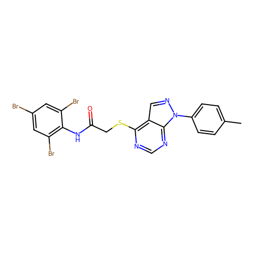 2-((1-(p-tolyl)-1H-pyrazolo[3,4-d]pyrimidin-4-yl)thio)-N-(2,4,6-tribromophenyl)acetamide structure