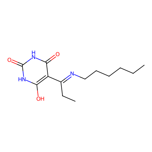 (5E)-5-[1-(hexylamino)propylidene]-2,6-dihydroxypyrimidin-4(5H)-one structure
