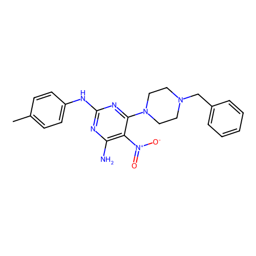 6-(4-benzylpiperazin-1-yl)-5-nitro-N2-(p-tolyl)pyrimidine-2,4-diamine structure