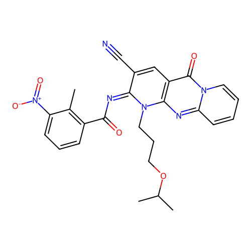 (E)-N-(3-cyano-1-(3-isopropoxypropyl)-5-oxo-1H-dipyrido[1,2-a:2',3'-d]pyrimidin-2(5H)-ylidene)-2-methyl-3-nitrobenzamide structure