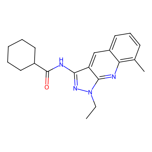 N-(1-ethyl-8-methyl-1H-pyrazolo[3,4-b]quinolin-3-yl)cyclohexanecarboxamide structure
