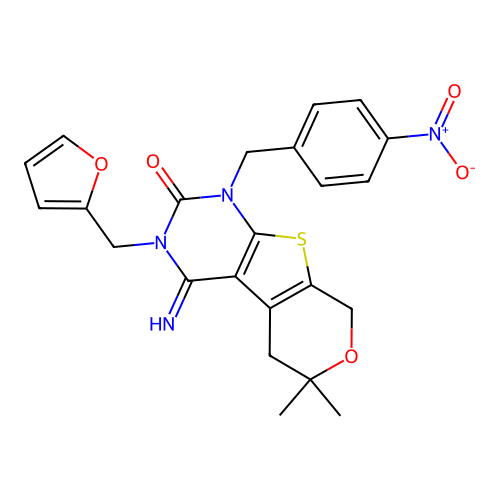 3-(furan-2-ylmethyl)-4-imino-6,6-dimethyl-1-(4-nitrobenzyl)-1,3,4,5,6,8-hexahydro-2H-pyrano[4',3':4,5]thieno[2,3-d]pyrimidin-2-one structure