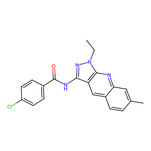 4-chloro-N-(1-ethyl-7-methylpyrazolo[3,4-b]quinolin-3-yl)benzamide structure