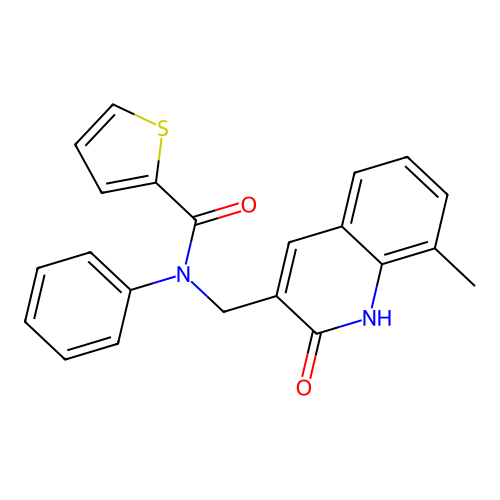 N-[(8-methyl-2-oxo-1H-quinolin-3-yl)methyl]-N-phenylthiophene-2-carboxamide structure