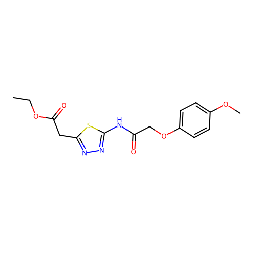 ethyl 2-(5-(2-(4-methoxyphenoxy)acetamido)-1,3,4-thiadiazol-2-yl)acetate structure