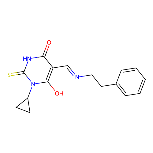 1-cyclopropyl-5-[(phenethylamino)methylidene]-2-sulfanylidene-1,3-diazinane-4,6-dione structure