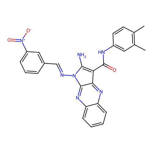 (E)-2-amino-N-(3,4-dimethylphenyl)-1-((3-nitrobenzylidene)amino)-1H-pyrrolo[2,3-b]quinoxaline-3-carboxamide structure