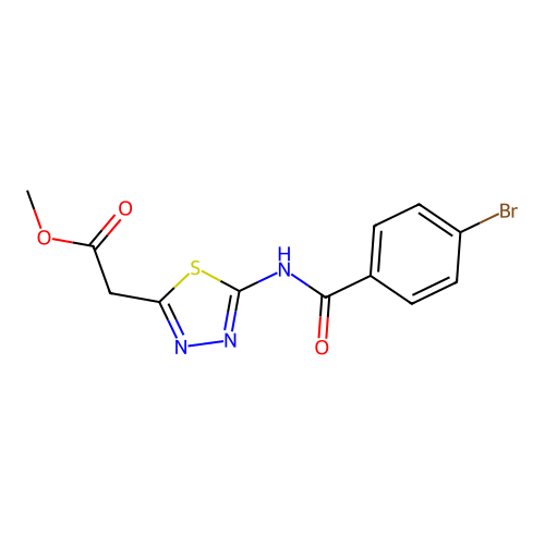 methyl 2-(5-(4-bromobenzamido)-1,3,4-thiadiazol-2-yl)acetate structure