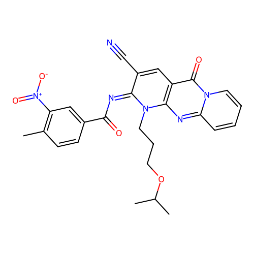 (E)-N-(3-cyano-1-(3-isopropoxypropyl)-5-oxo-1H-dipyrido[1,2-a:2',3'-d]pyrimidin-2(5H)-ylidene)-4-methyl-3-nitrobenzamide structure