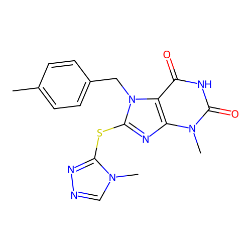 3-methyl-8-((4-methyl-4H-1,2,4-triazol-3-yl)thio)-7-(4-methylbenzyl)-1H-purine-2,6(3H,7H)-dione structure