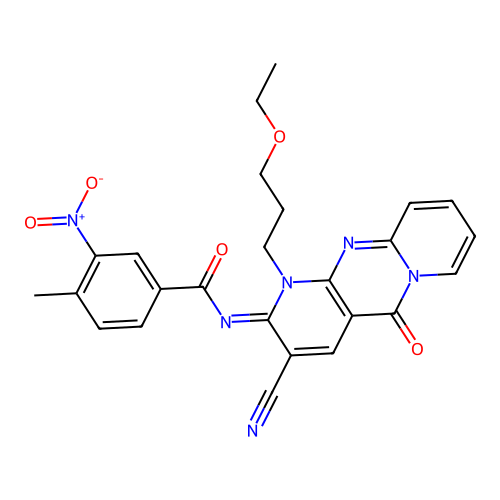 (E)-N-(3-cyano-1-(3-ethoxypropyl)-5-oxo-1H-dipyrido[1,2-a:2',3'-d]pyrimidin-2(5H)-ylidene)-4-methyl-3-nitrobenzamide structure